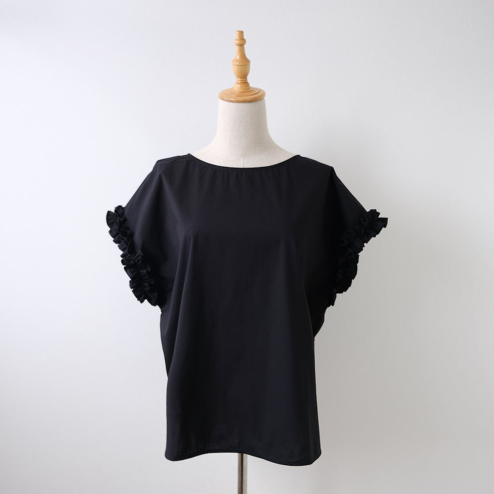 Side slit frill sleeve blouse black LA0131-k