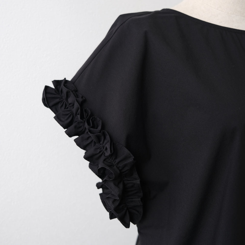 Side slit frill sleeve blouse black LA0131-k