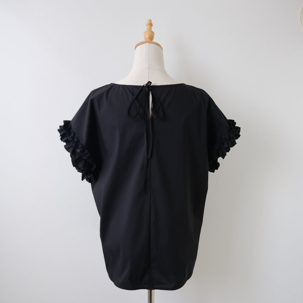 Side slit frill sleeve blouse black LA0131-k