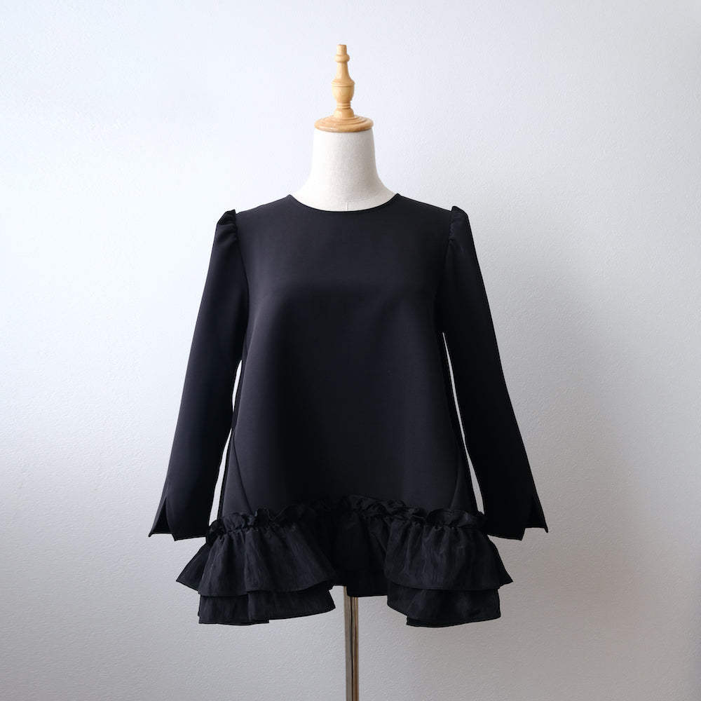 Long sleeve hem frill blous black LA0135