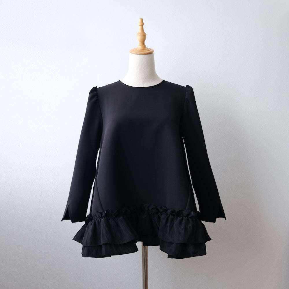 Long sleeve hem frill blous black  LA0135