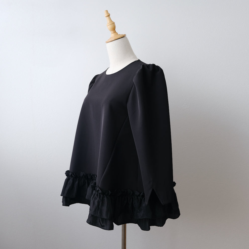 Long sleeve hem frill blous black LA0135