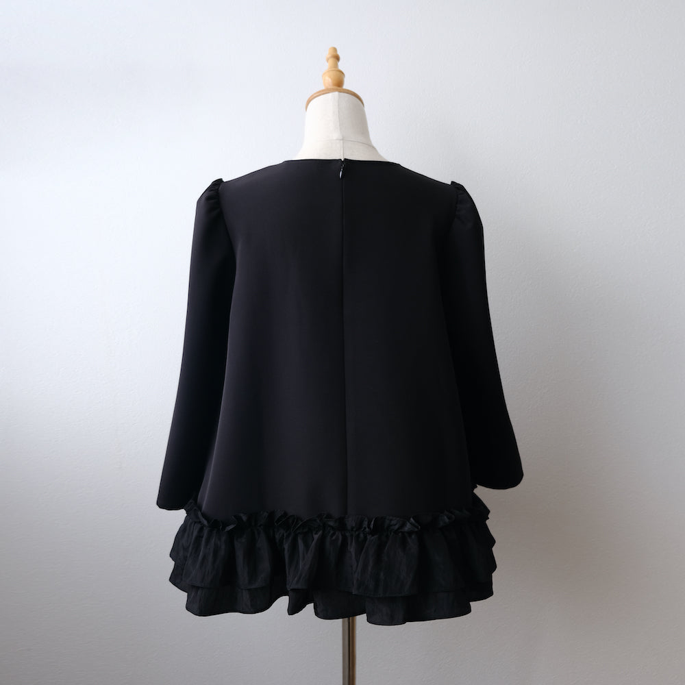 Long sleeve hem frill blous black LA0135