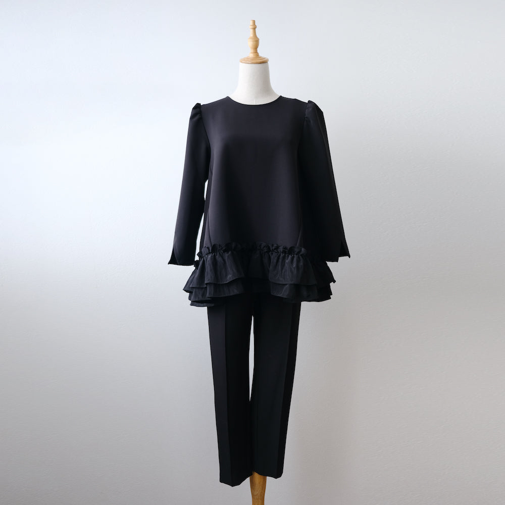 Long sleeve hem frill blous black LA0135
