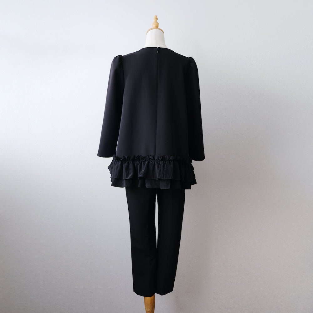 Long sleeve hem frill blous black LA0135